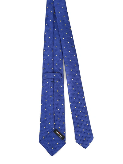 Shop Kiton Royal Blue Silk Tie With Yellow Polka Dots