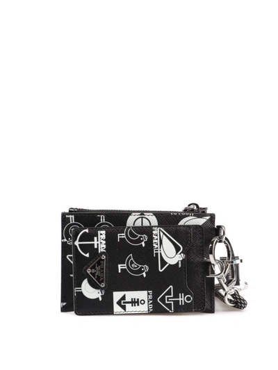 Shop Prada Seagull Print Saffiano Pouch In Black