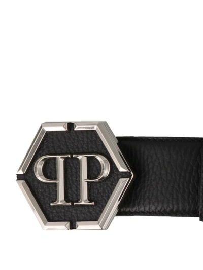 Shop Philipp Plein Hammered Leather Pp Buckle Statement Belt In Black