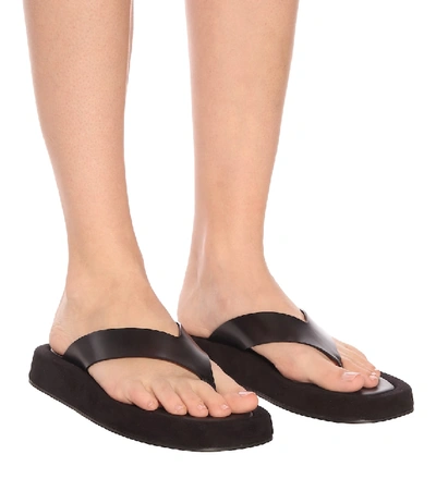 The Row Ginza Leather And Velvet Platform Flip Flops In Black
