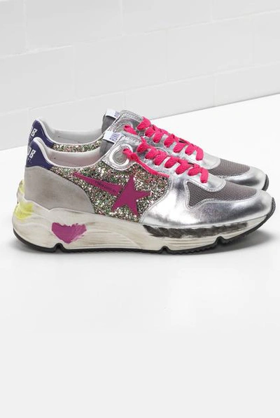 Shop Golden Goose Trainers Running Sole Glitter Fuxia Star In Silver