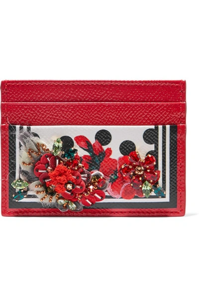 Shop Dolce & Gabbana Portofino Embellished Printed Textured-leather Cardholder In Red