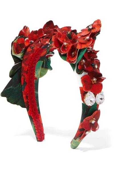 Shop Dolce & Gabbana Portofino Embellished Appliquéd Floral-print Cotton Headband In Red