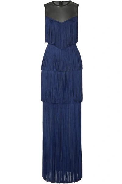 Shop Herve Leger Tulle-paneled Fringed Bandage Gown In Midnight Blue
