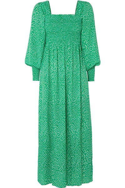 Shop Rixo London Marianne Shirred Floral-print Crepe De Chine Midi Dress In Green
