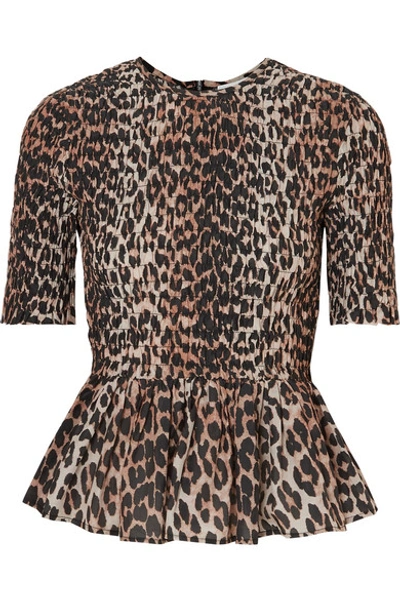 Shop Ganni Shirred Leopard-print Cotton And Silk-blend Peplum Top In Leopard Print