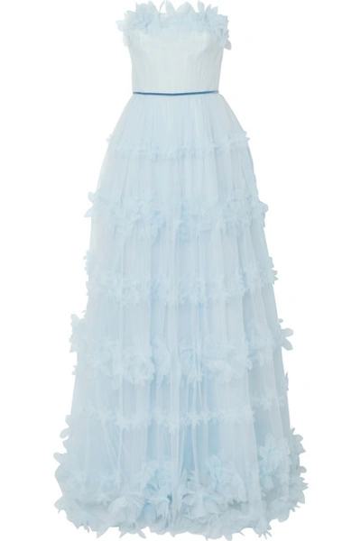Shop Marchesa Notte Strapless Appliquéd Velvet-trimmed Tulle Gown In Light Blue