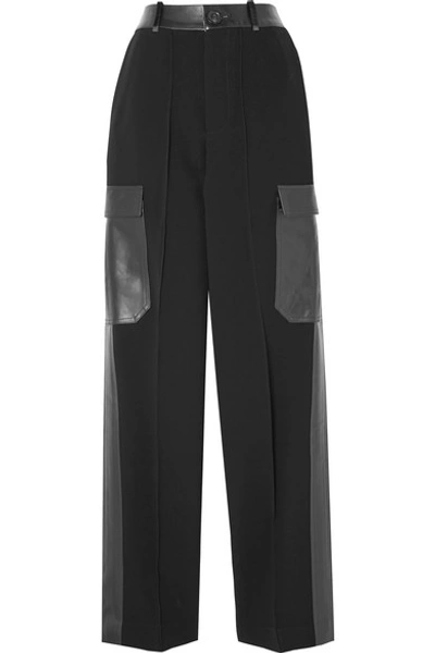 Shop Peter Do Leather And Satin-trimmed Crepe Straight-leg Pants In Black