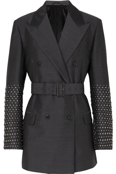 Shop Prada Studded Double-breasted Mohair And Wool-blend Blazer In Gray