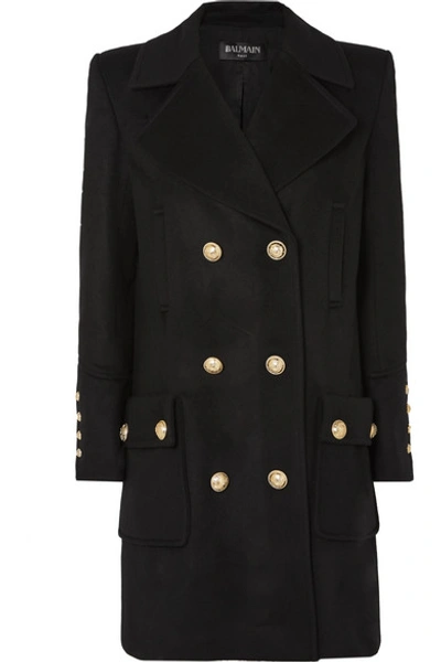 Shop Balmain Button-embellished Double-breasted Wool And Cashmere-blend Coat In Black