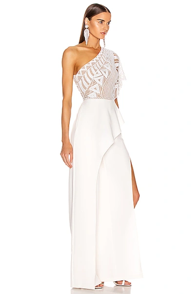 Shop Zuhair Murad Tiki Tattoo Embroidered Cady Jumpsuit In Bright White