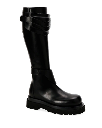 Shop Bottega Veneta Flat Tall-shaft Combat Knee Boots In Black
