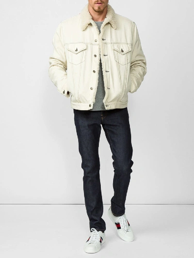 Shop Gucci Shearling Lined Denim Jacket With Sketch Snake Print In White