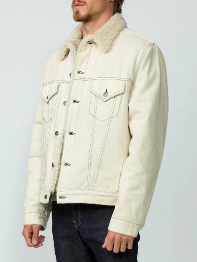 Shop Gucci Shearling Lined Denim Jacket With Sketch Snake Print In White