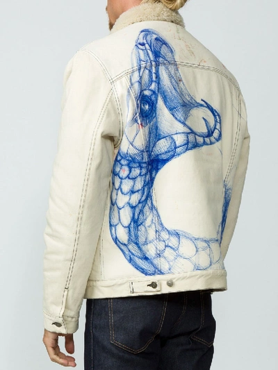 Shop Gucci Shearling Lined Denim Jacket With Sketch Snake Print In White