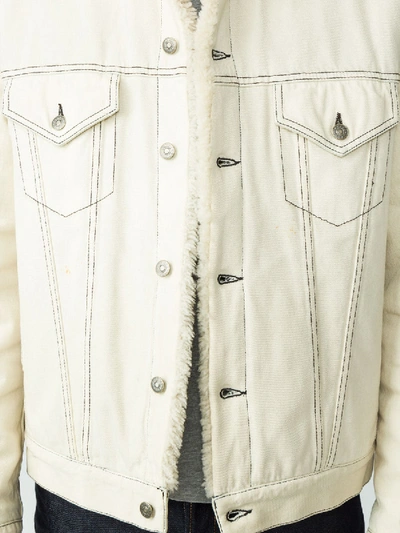 Shop Gucci Shearling Lined Denim Jacket With Sketch Snake Print In White