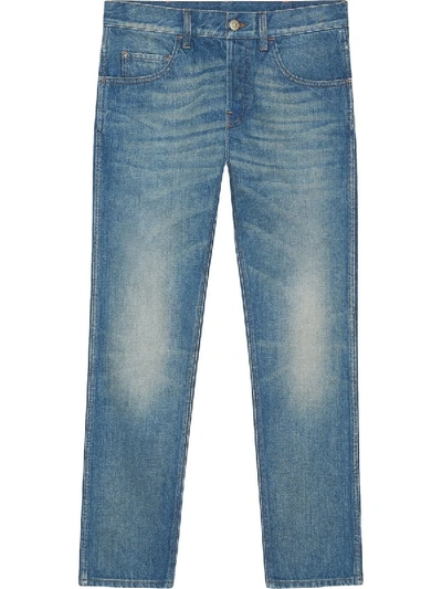 Shop Gucci Denim Tapered Pant With Emrboidered Tiger In Blue