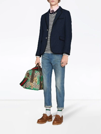 Shop Gucci Denim Tapered Pant With Emrboidered Tiger In Blue