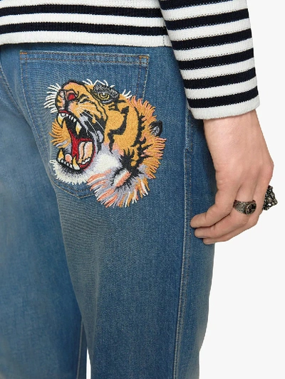 Shop Gucci Denim Tapered Pant With Emrboidered Tiger In Blue