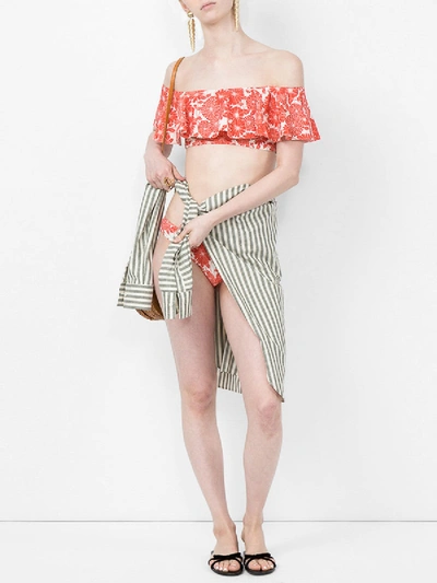 Shop Lisa Marie Fernandez Mira Flounce Off-the-shoulder Printed Bikini To In Red
