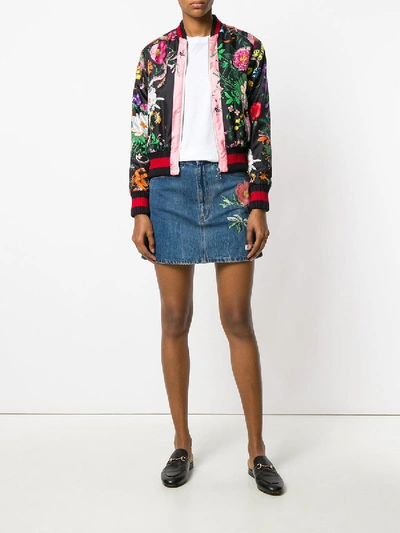 Shop Gucci Floral Embroidery Denim Skirt In Blue