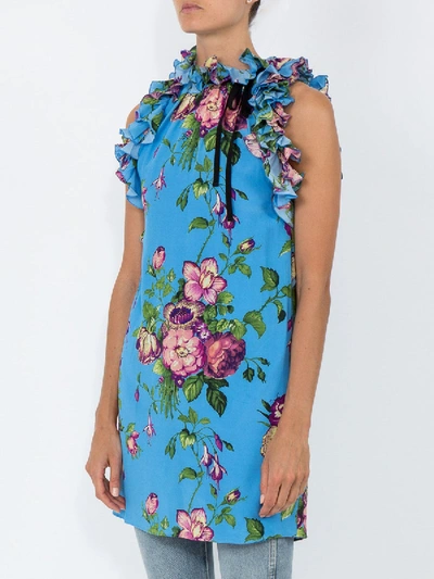 Shop Gucci Floral Print Tunic Top In Blue