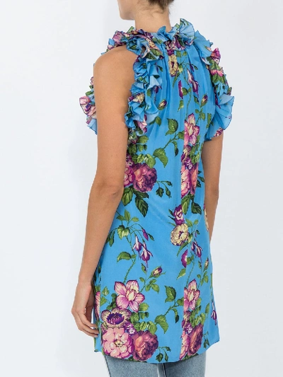 Shop Gucci Floral Print Tunic Top In Blue