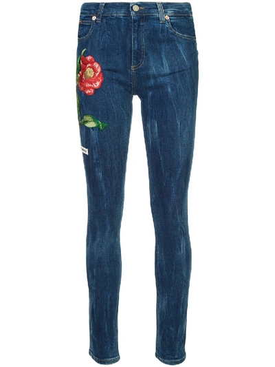 Shop Gucci Embroidered Denim Jeans In Blue