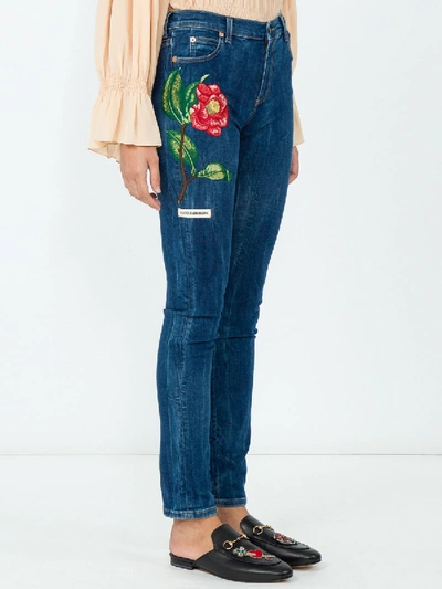 Shop Gucci Embroidered Denim Jeans In Blue