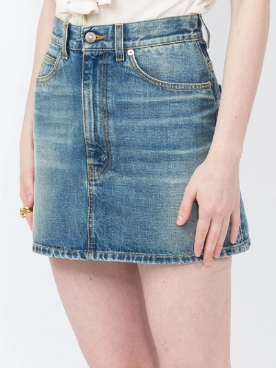 Shop Gucci Blue Denim Embroidered Cat Miniskirt