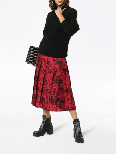 Shop Gucci Tiger Print Pleated Skirt In Red