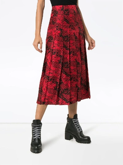Shop Gucci Tiger Print Pleated Skirt In Red