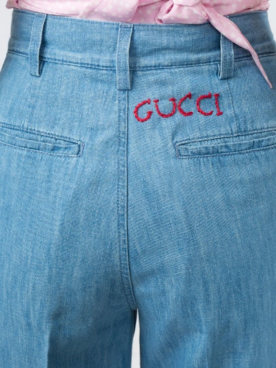 Shop Gucci Embroidered Denim Culottes In Blue