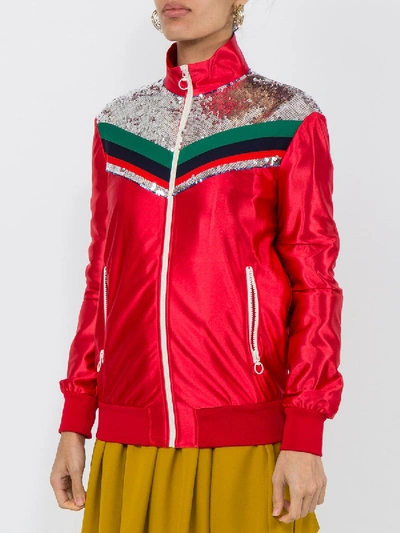 Shop Gucci Zipped Stripe Detail Jacket In Red