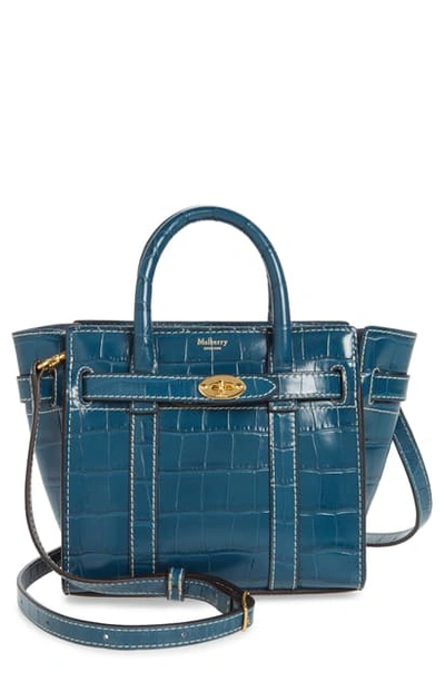 Shop Mulberry Micro Bayswater Croc Embossed Leather Satchel In Nautical Blue