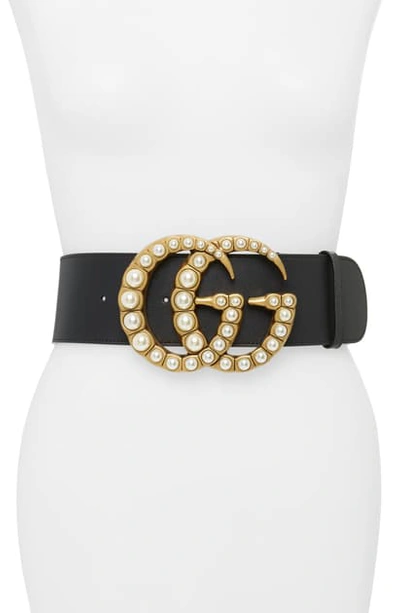 Shop Gucci Imitation Pearl Logo Buckle Leather Belt In 9094 Nero/ Cream
