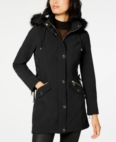 Shop Guess Faux-fur-trim Lace-up Raincoat In Black