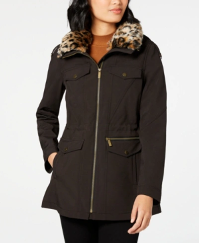 Shop French Connection Leopard-print Faux-fur-trim Hooded Raincoat In Black