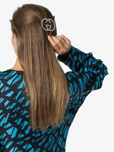 Shop Gucci Silver Tone Crystal Embellished Gg Hair Pin