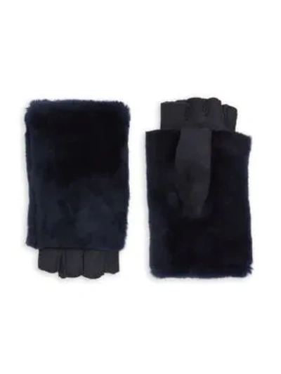 Shop Agnelle Bella Fingerless Shearling Gloves In Navy Blue