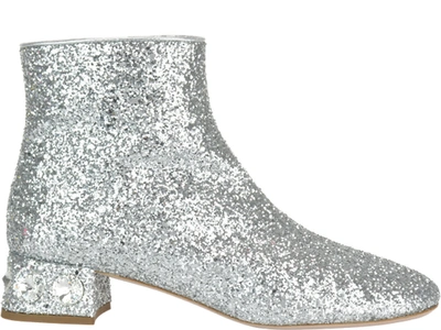 Shop Miu Miu Glittered Ankle Boots In Silver