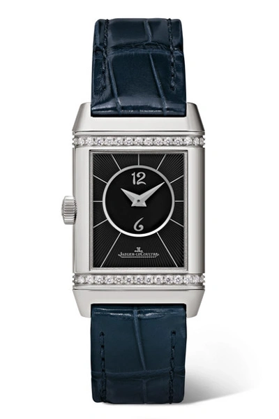 Shop Jaeger-lecoultre Reverso Classic Duetto 21mm Small Stainless Steel, Alligator And Diamond Watch In Silver