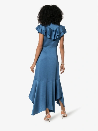 Shop Peter Pilotto Satin Tie Neck Ruffled Dress In Blue