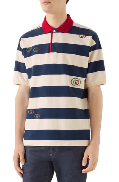 Shop Gucci Logo Embroidered Stripe Short Sleeve Pique Polo In Inchiostro/ Milk/ Mc