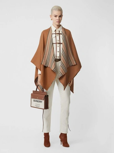 Shop Burberry Icon Stripe Wool Reversible Cape In Flaxseed