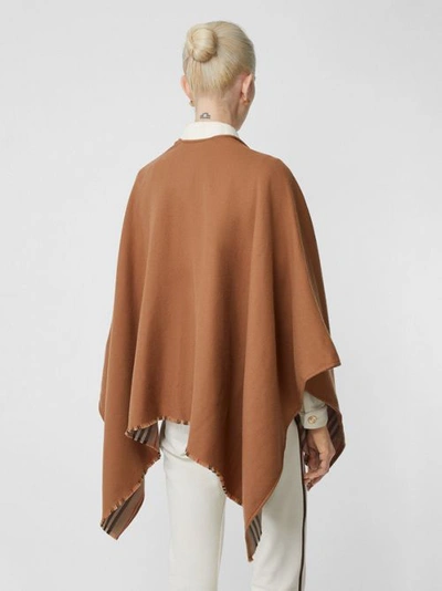 Burberry Icon-stripe Fringed Wool Cape In Flaxseed