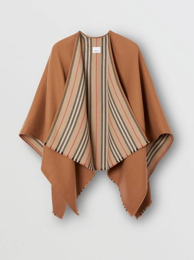 Burberry Icon-stripe Fringed Wool Cape In Flaxseed
