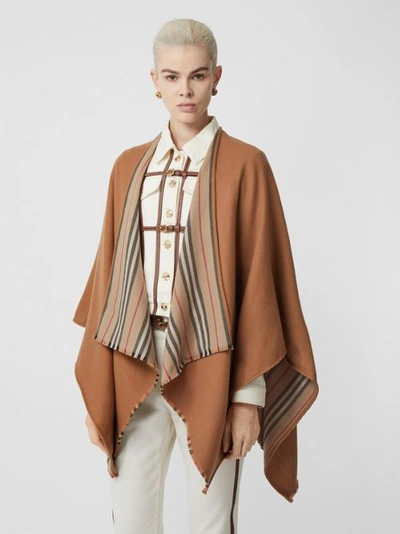 Burberry Icon-stripe Fringed Wool Cape In Flaxseed