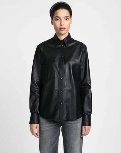 Shop 8 By Yoox Leather L/sleeve Overshirt Woman Shirt Black Size L Lambskin