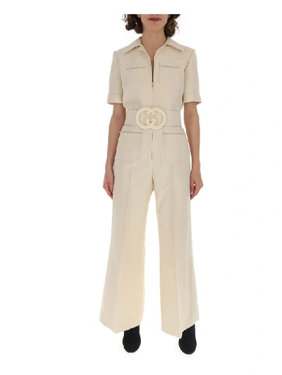 Shop Gucci Gg Logo Belted Jumpsuit In White